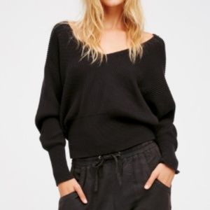 Free People Black Ribbed Deep V Sweater